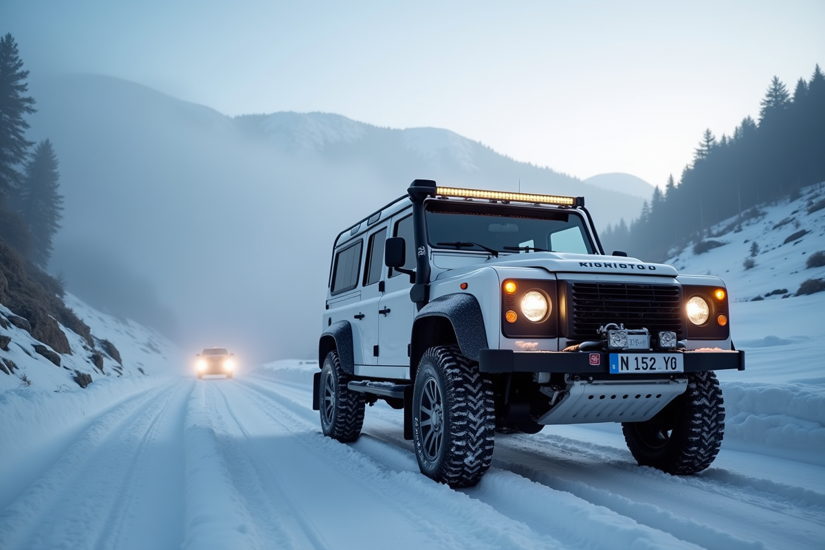 4x4 garé sur route enneigée au lever du soleil en montagne