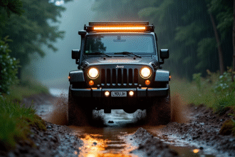 Véhicule 4x4 en pluie battante sur un sentier boueux avec phare LED