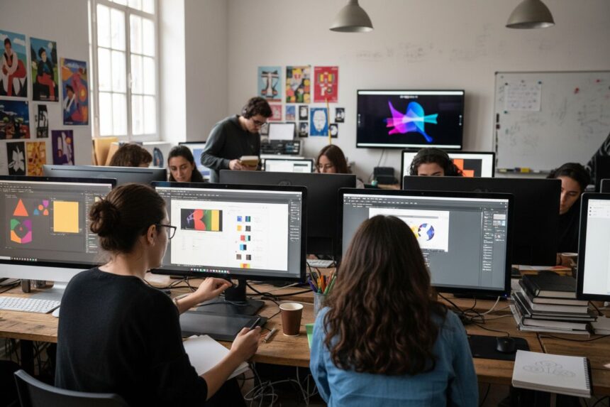 Étudiants en formation de design graphique à l'ESMA en pleine création