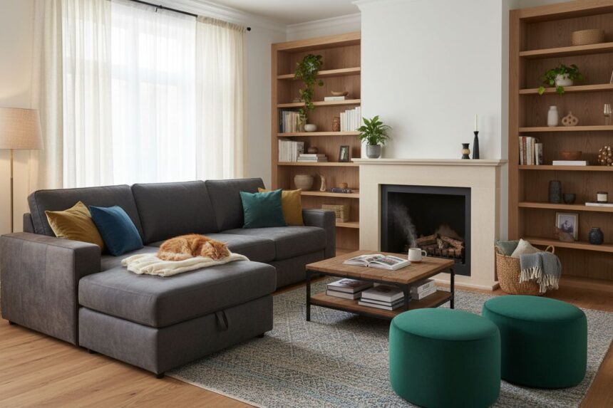 Canapé en cuir et chat jouant ensemble dans le salon