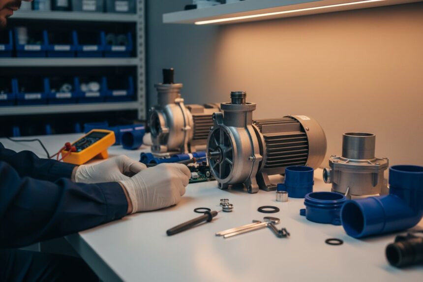 Pompe de spa en panne avec outils pour le diagnostic et la réparation