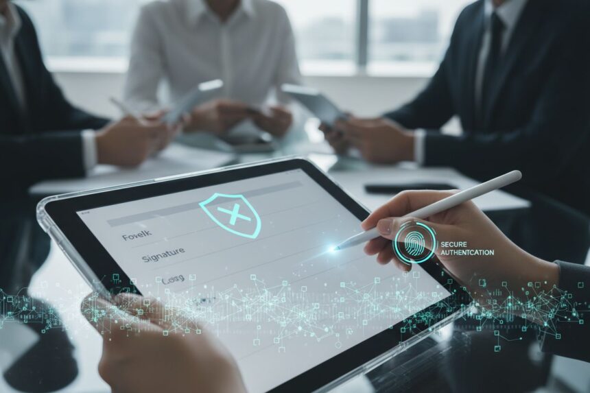 Documents professionnels signés électroniquement dans un bureau moderne