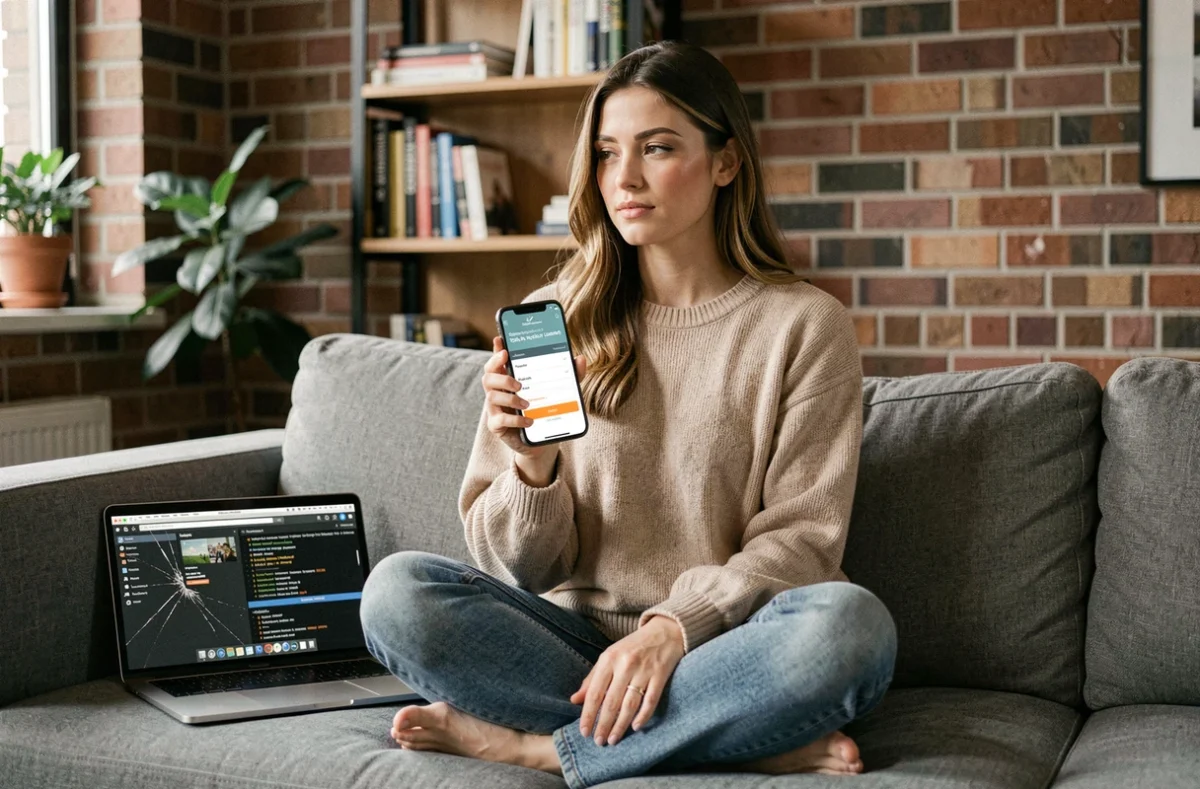 Femme tenant un smartphone avec un abonnement légal à côté d'un ordinateur affichant un site de piratage