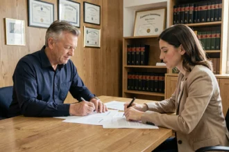 Acheteur et vendeur immobilier assis face à face dans une étude notariale, examinant des documents contractuels liés à l'obligation d'information précontractuelle selon l'article 1112-1 du Code civil