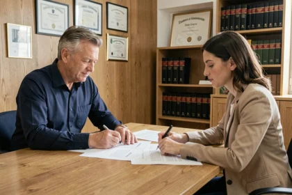 Acheteur et vendeur immobilier assis face à face dans une étude notariale, examinant des documents contractuels liés à l'obligation d'information précontractuelle selon l'article 1112-1 du Code civil
