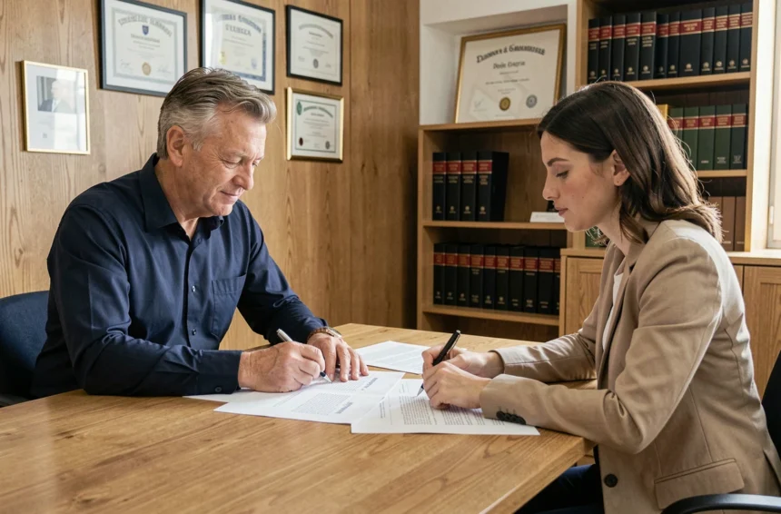 Acheteur et vendeur immobilier assis face à face dans une étude notariale, examinant des documents contractuels liés à l'obligation d'information précontractuelle selon l'article 1112-1 du Code civil
