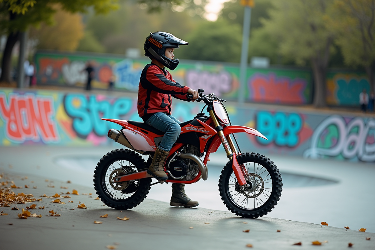 Ado en motocross dans un skate park urbain
