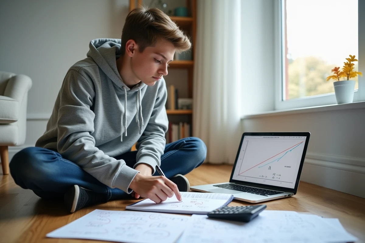 Adolescent révisant l'équation réduite de la tangente avec calculatrice et cahier de mathématiques posés sur le plancher à la maison