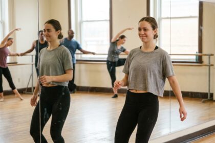 Jeune femme adulte apprenant la danse pour la première fois dans un studio de danse communautaire, se regardant dans le miroir pendant un cours de chorégraphie