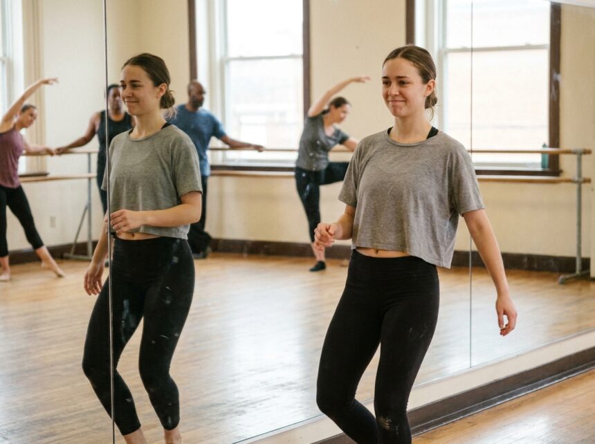 Jeune femme adulte apprenant la danse pour la première fois dans un studio de danse communautaire, se regardant dans le miroir pendant un cours de chorégraphie