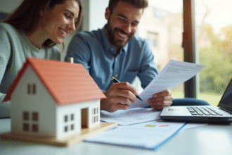 Agent immobilier et couple examinant documents maison