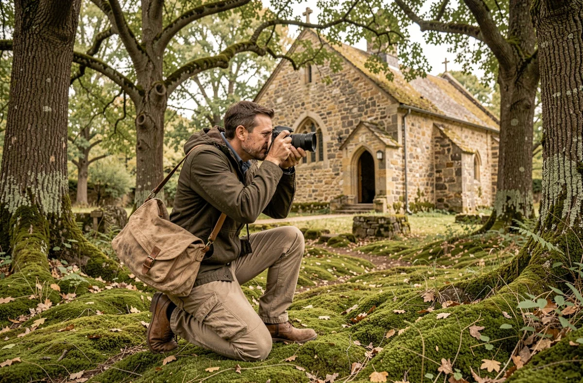 Photographe documentant une chapelle en pierre au cœur de la forêt du Périgord lors d'une session photographique artistique