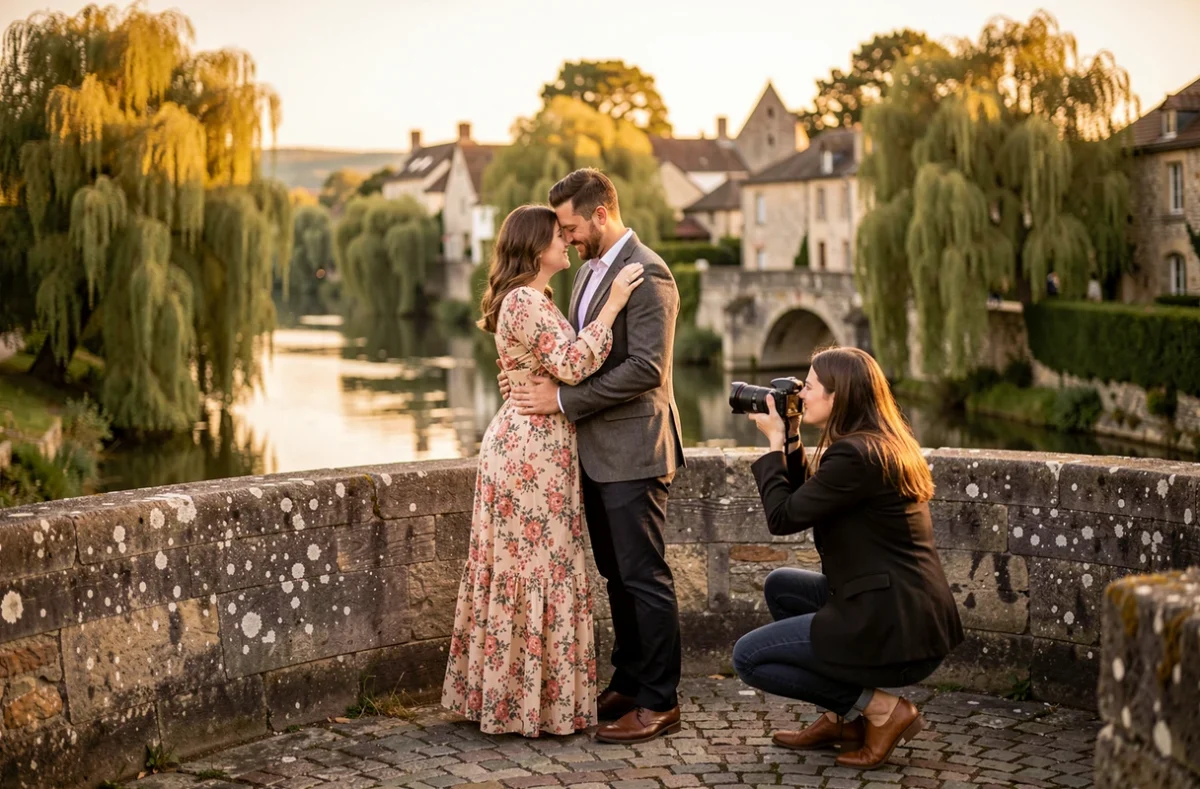 Photographe spécialisée couples capturant un moment tendre d'un duo amoureux sur un pont en pierre au bord de la Dordogne