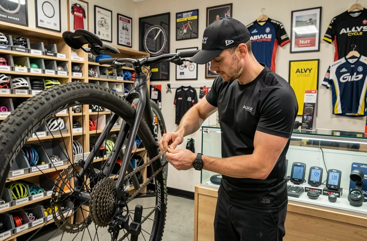 Mécanicien d'Alvy Cycle posant une nouvelle chaîne sur un vélo gravel dans l'espace atelier de la boutique