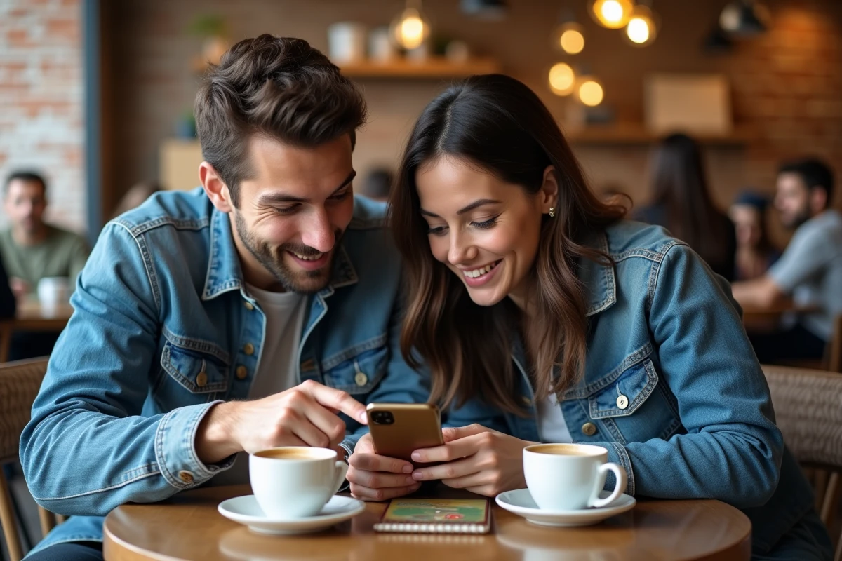 Deux amis partageant des astuces de progression Monopoly GO ensemble autour d'un café en ville