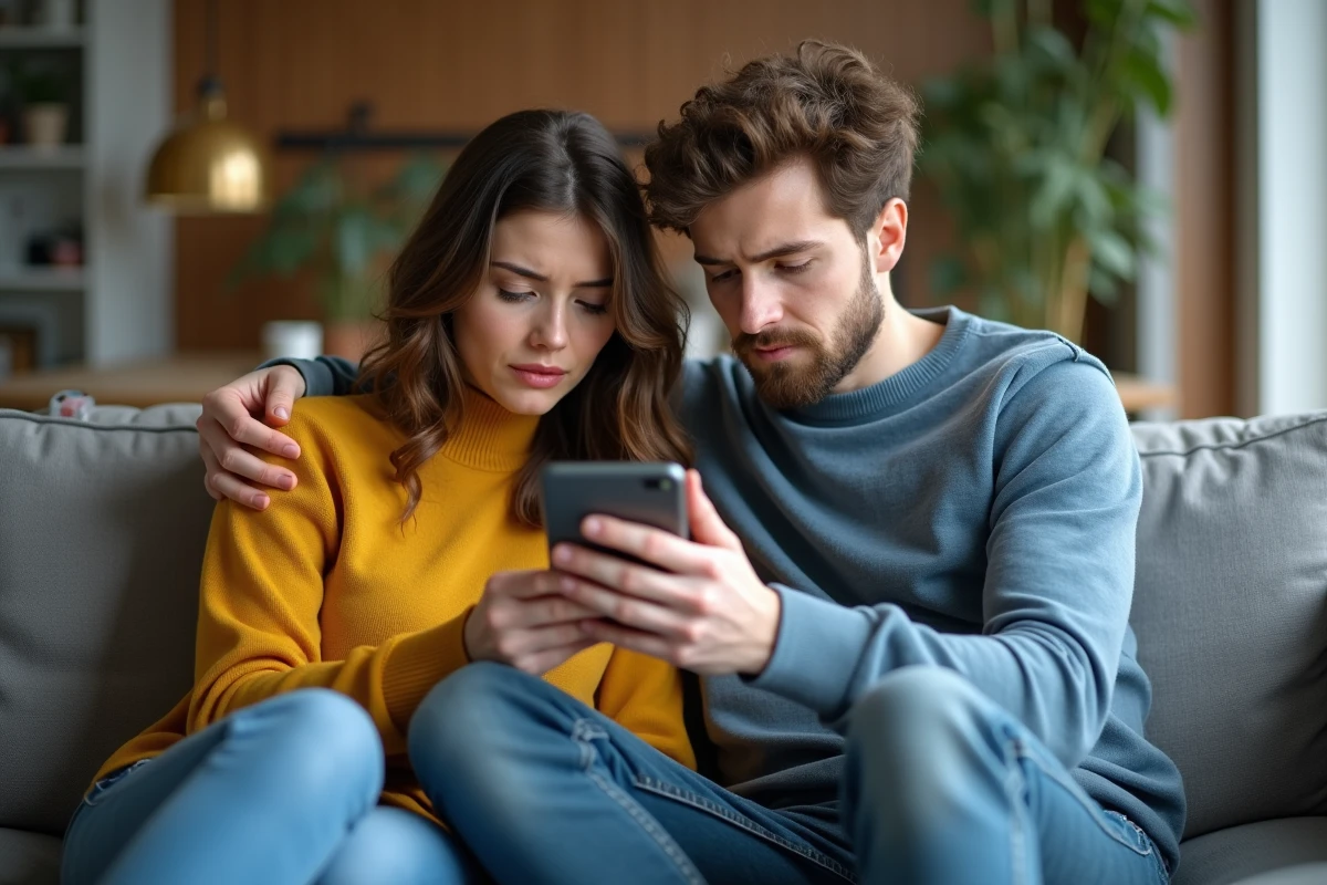 Deux amis regardant ensemble une story Snapchat sur un canapé, évoquant la tentation de surveiller un proche de façon anonyme