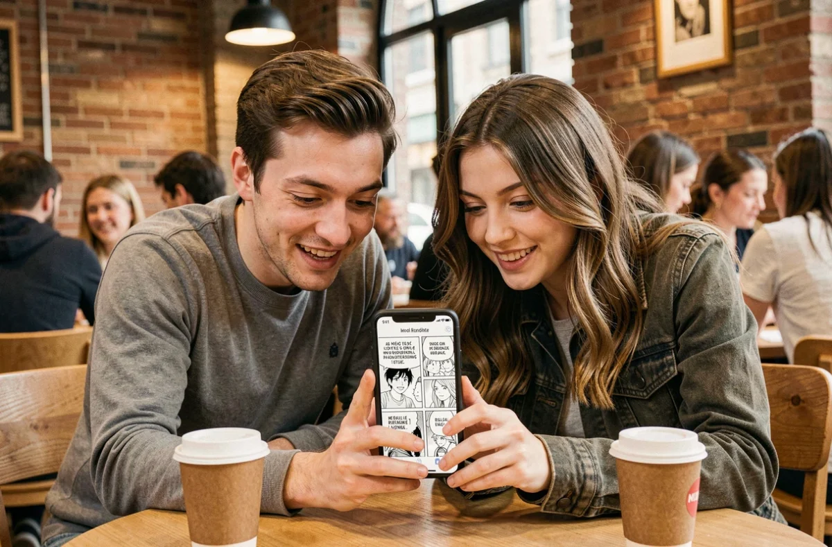 Deux amis partageant la lecture de mangas en français sur smartphone dans un café urbain
