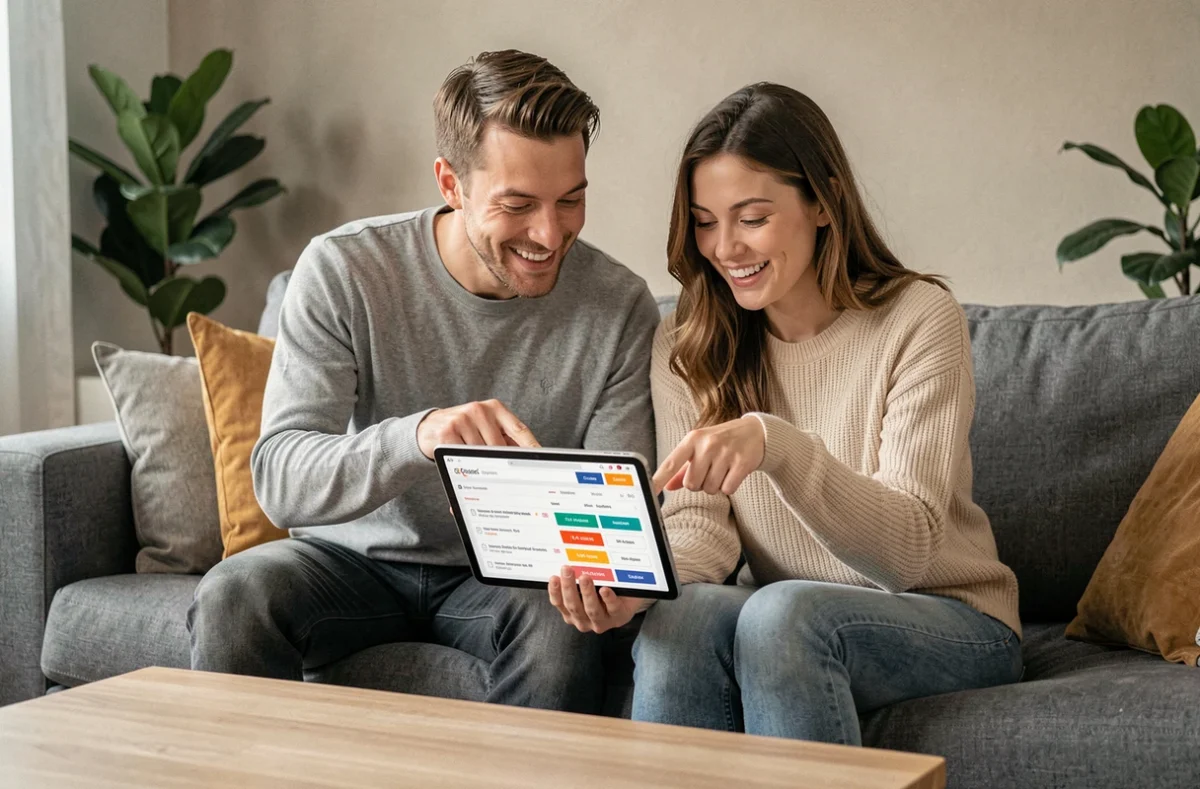 Deux amis découvrant ensemble des offres et codes promotionnels Pixmania sur une tablette dans un salon moderne