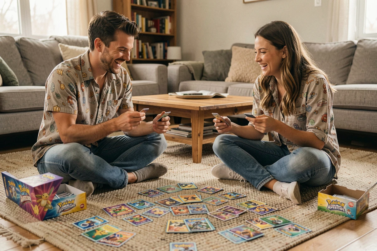 Deux amis comparant leurs tirages de cartes Pokémon Aventure Ensemble assis sur le sol entourés de displays ouverts