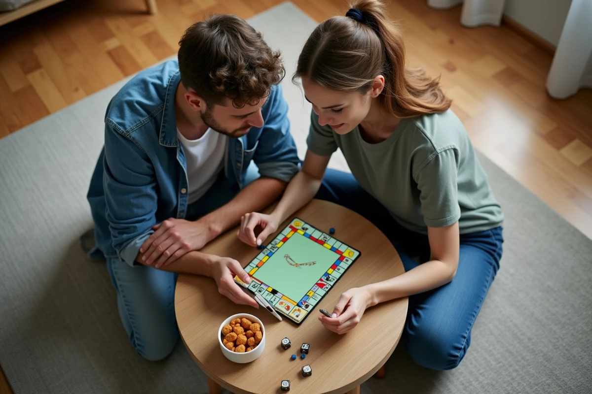 Deux amis partageant des astuces et des dés gratuits sur Monopoly Go lors d'une soirée jeux conviviale