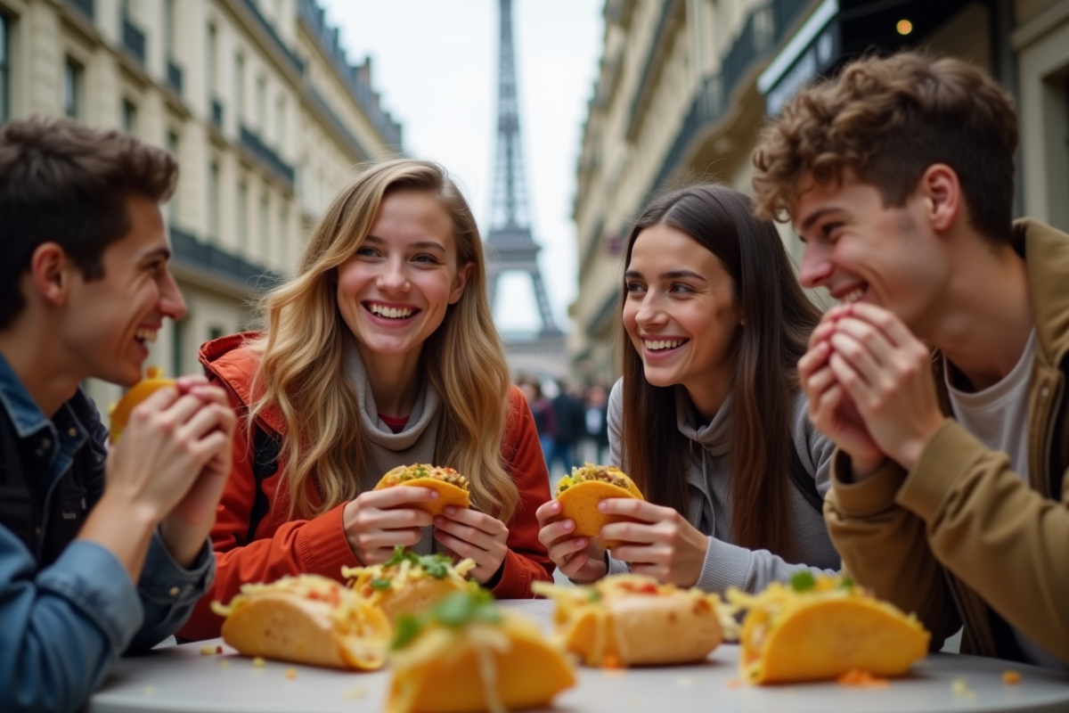 Amis français partageant tacos Taco Bell en extérieur