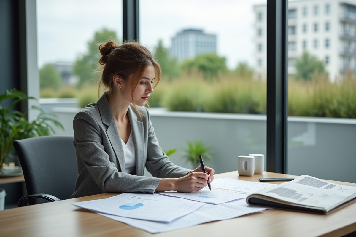 Jeune architecte examinant plans et devis dans un bureau avec vue sur toit vert