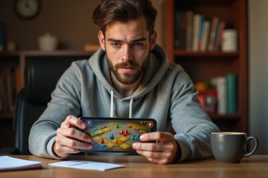 Joueur adulte consultant des astuces sur son téléphone pour progresser dans un jeu de plateau mobile type Monopoly GO