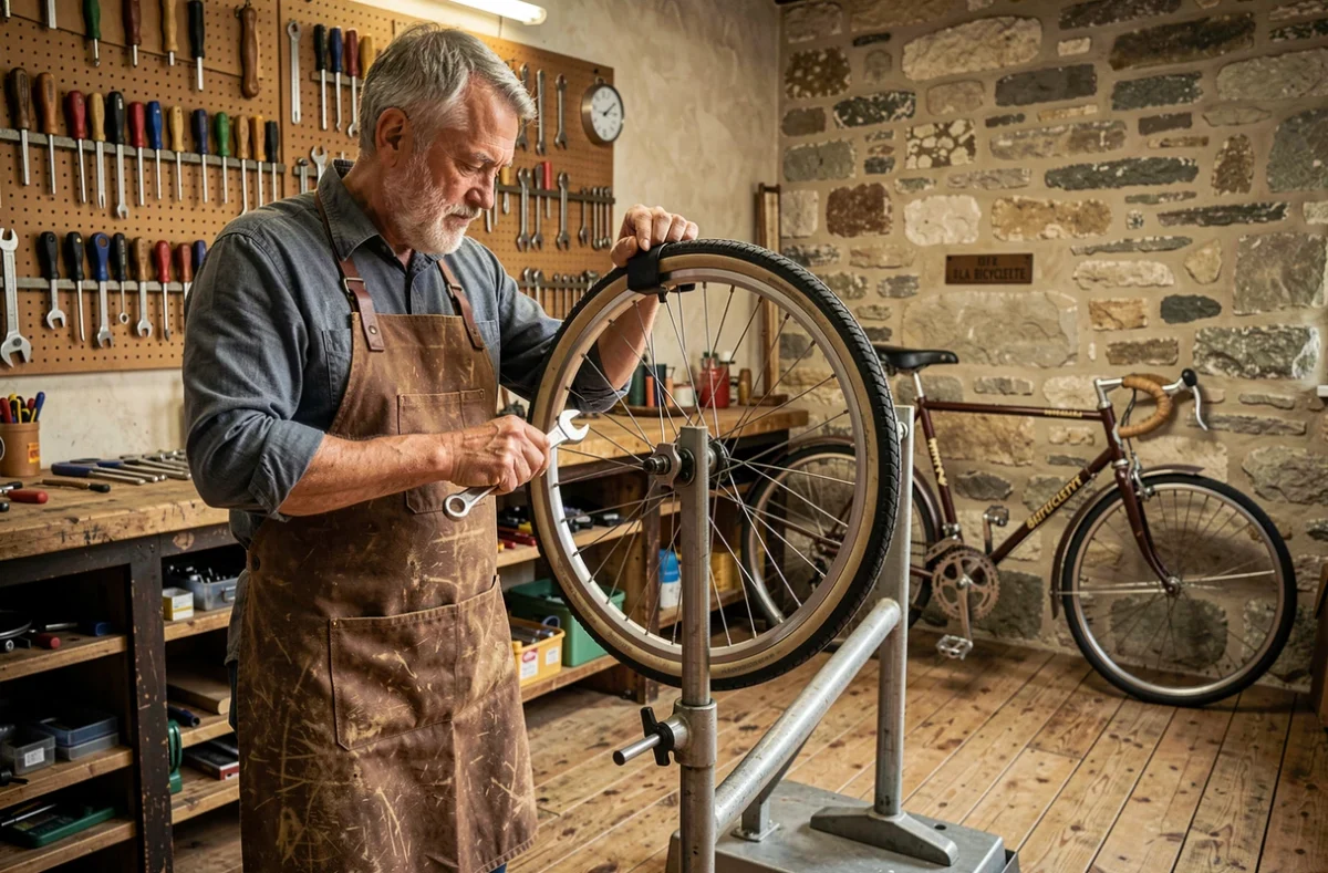 Artisan de L'Atelier de la Bicyclette centrant une roue sur un support de voilage dans un atelier artisanal