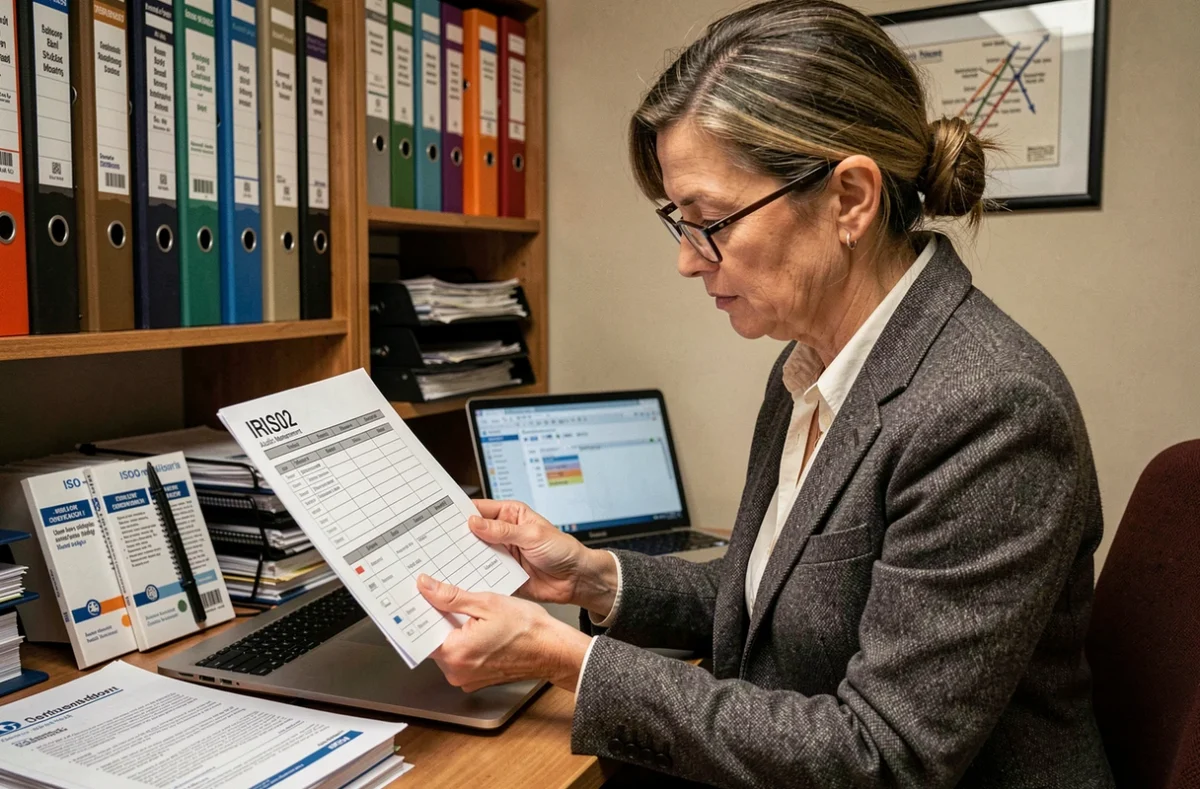 Auditrice ferroviaire examinant une liste de contrôle de certification IRIS02 dans un bureau spécialisé