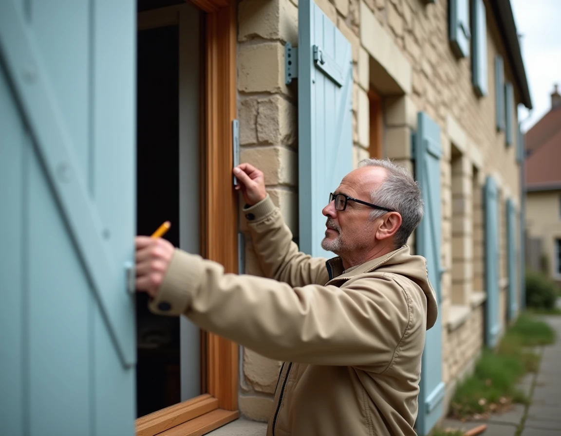 Menuisier d'Aunis Menuiserie prenant les mesures d'une fenêtre sur une maison en pierre charentaise