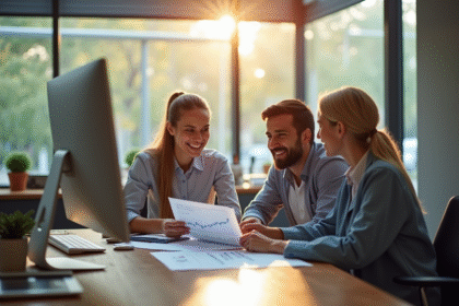 Conseiller financier avec couple et taux mortgage modernes