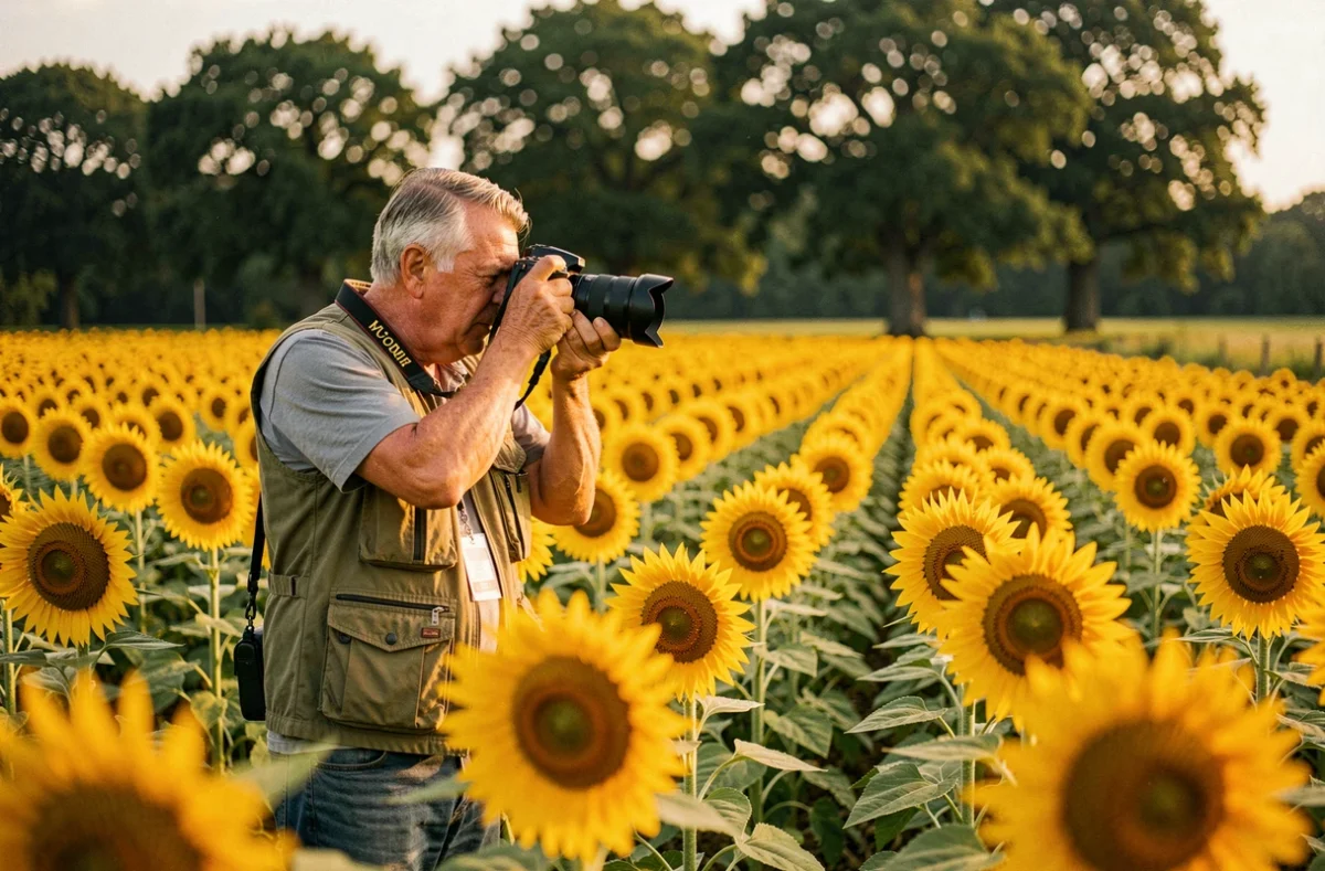 Photographe Philippe Bonneau dans un champ de tournesols de la campagne dordognaise cadrant un paysage agricole typique du Périgord