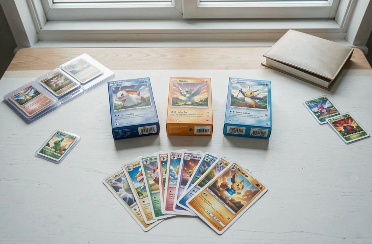 Boosters et cartes Pokémon Aventure Ensemble étalés en flat-lay sur une table en bois clair
