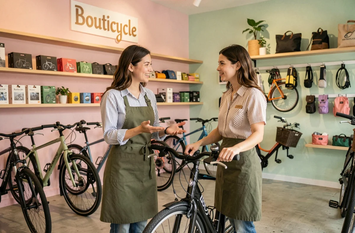 Vendeuse de Bouticycle présentant un vélo de ville à une cliente dans une boutique au décor soigné