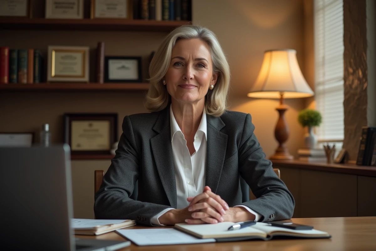 Médecin femme dans un bureau avec diplômes et livres médicaux, portrait intimiste illustrant l'origine et le parcours de Brigitte Milhau
