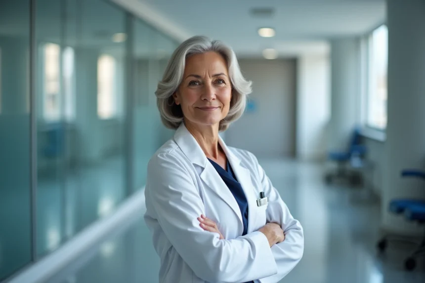 Portrait professionnel d'une médecin femme en blouse blanche dans un couloir d'hôpital moderne, illustrant le parcours médical de Brigitte Milhau