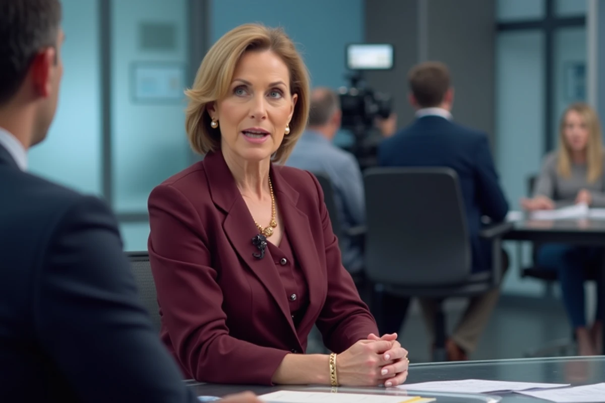 Femme médecin et figure télévisuelle assise sur un plateau de télévision en 2026, évoquant la présence médiatique de Brigitte Milhau
