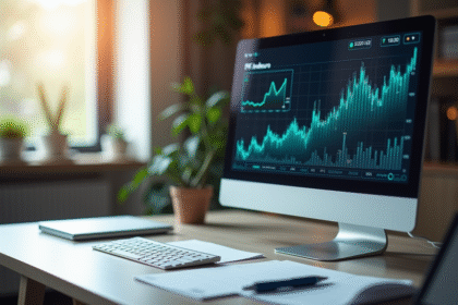 Bureau moderne avec écran affichant le tableau financier PX1 Indexeuro
