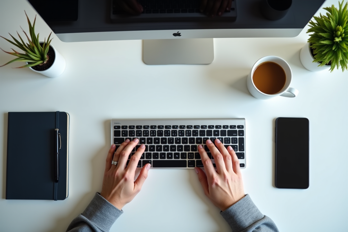Bureau propre vue de dessus avec clavier et tasse de café