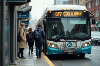 Passagers montant dans le bus 92 à un arrêt urbain animé, plan de ligne affiché sur l'abribus