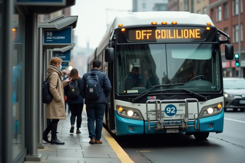 Passagers montant dans le bus 92 à un arrêt urbain animé, plan de ligne affiché sur l'abribus