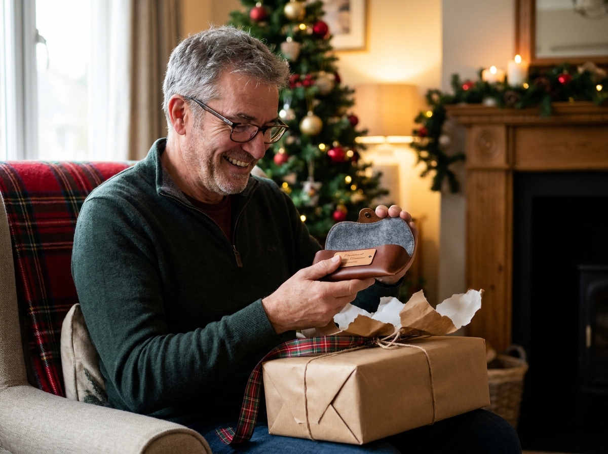 Homme âgé découvrant avec joie un étui à lunettes fait main offert en cadeau de Noël artisanal
