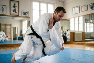 Cadre parisien pratiquant le judo dans un dojo professionnel, en kimono blanc et ceinture noire