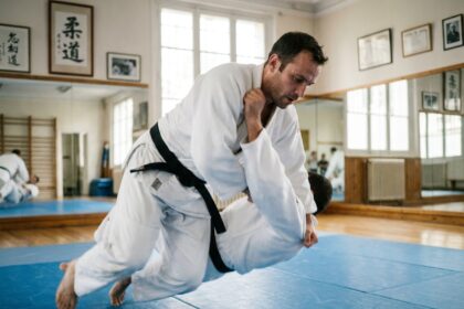 Cadre parisien pratiquant le judo dans un dojo professionnel, en kimono blanc et ceinture noire