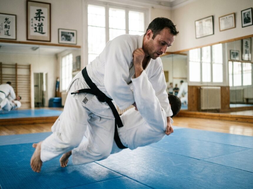 Cadre parisien pratiquant le judo dans un dojo professionnel, en kimono blanc et ceinture noire