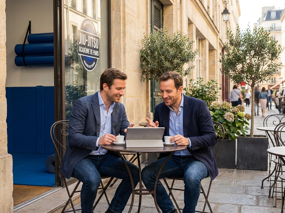 Deux cadres parisiens discutant d'entraînement en sports de combat à la terrasse d'un café près d'une salle de jiu-jitsu