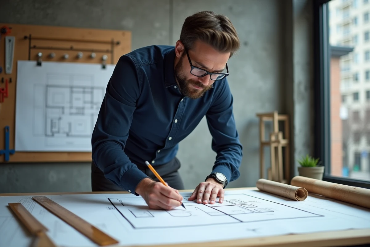 Architecte calculant les dimensions longueur par largeur sur un plan en papier millimétré dans un studio