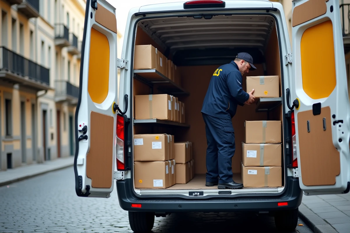 Camionnette GLS ouverte dans une rue urbaine avec livreur chargeant des colis