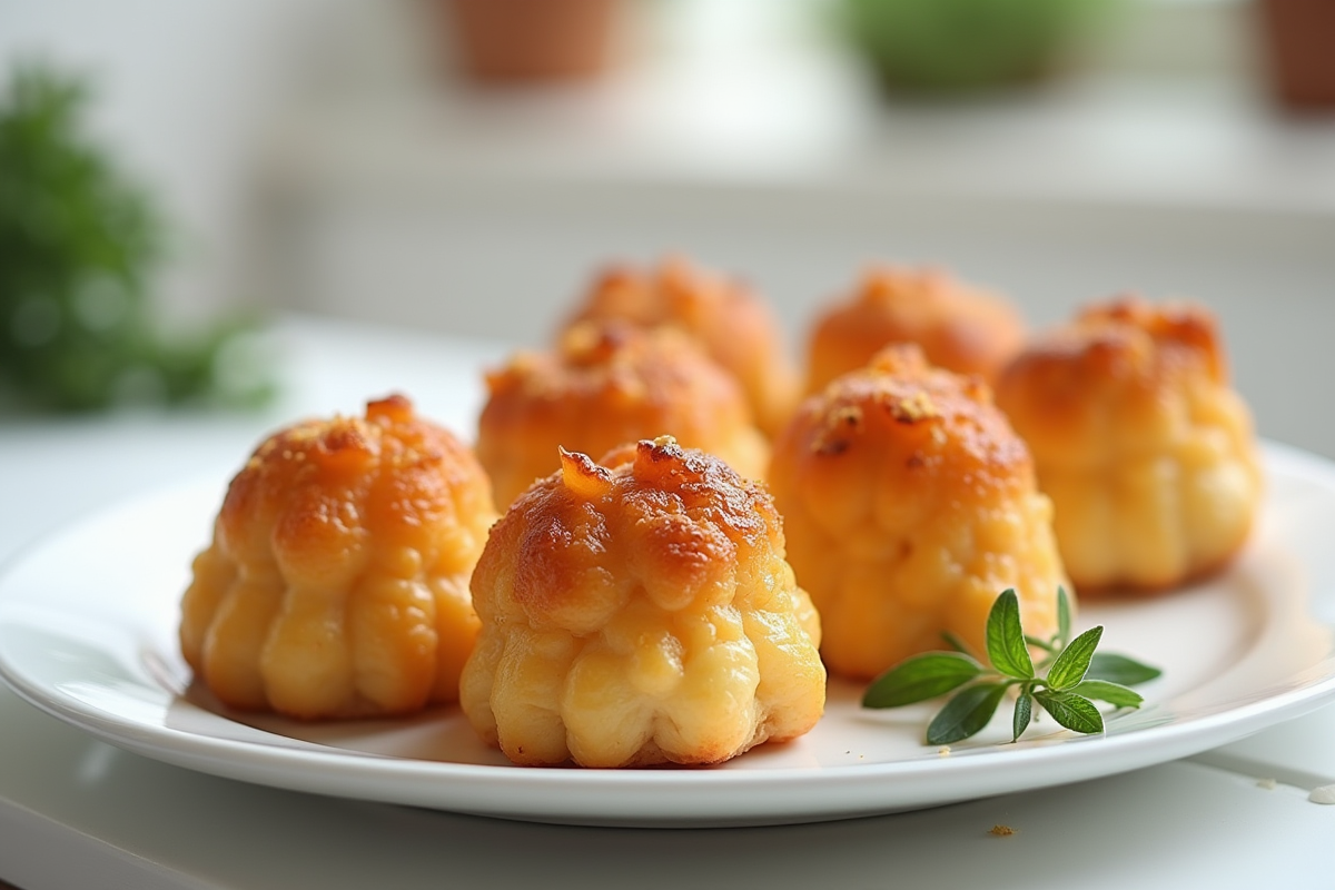 Cannelés au chorizo servis sur assiette blanche avec herbes