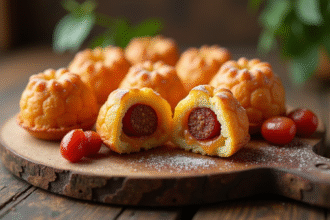 Cannelés dorés au chorizo sur planche en bois rustique